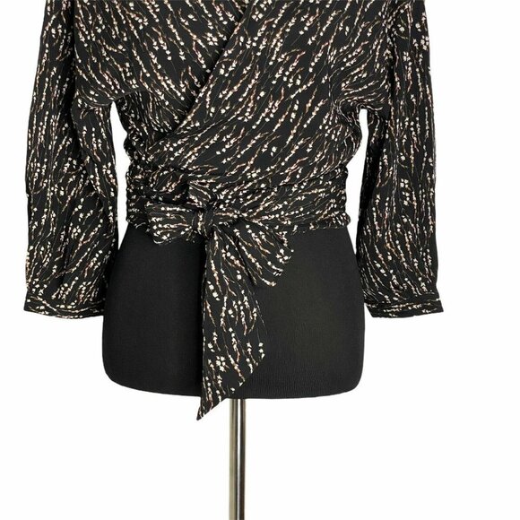 Anama Women's Black V Neck Balloon‎ Sleeve Floral Ditsy Print Wrap Top SZ M - Picture 5 of 12